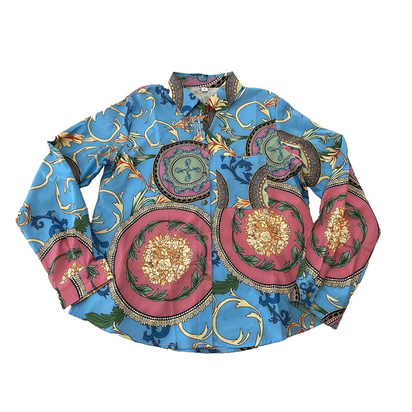 NWT Made with Love Blouse Womens Medium Boho Silky Blue Collared Button Up Shirt - Picture 4 of 14